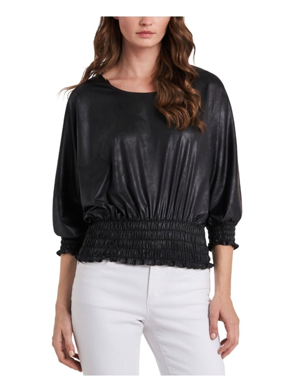 VINCE CAMUTO Womens Smocked Lined 3/4 Sleeve Scoop Neck Blouse Black Size M NWT